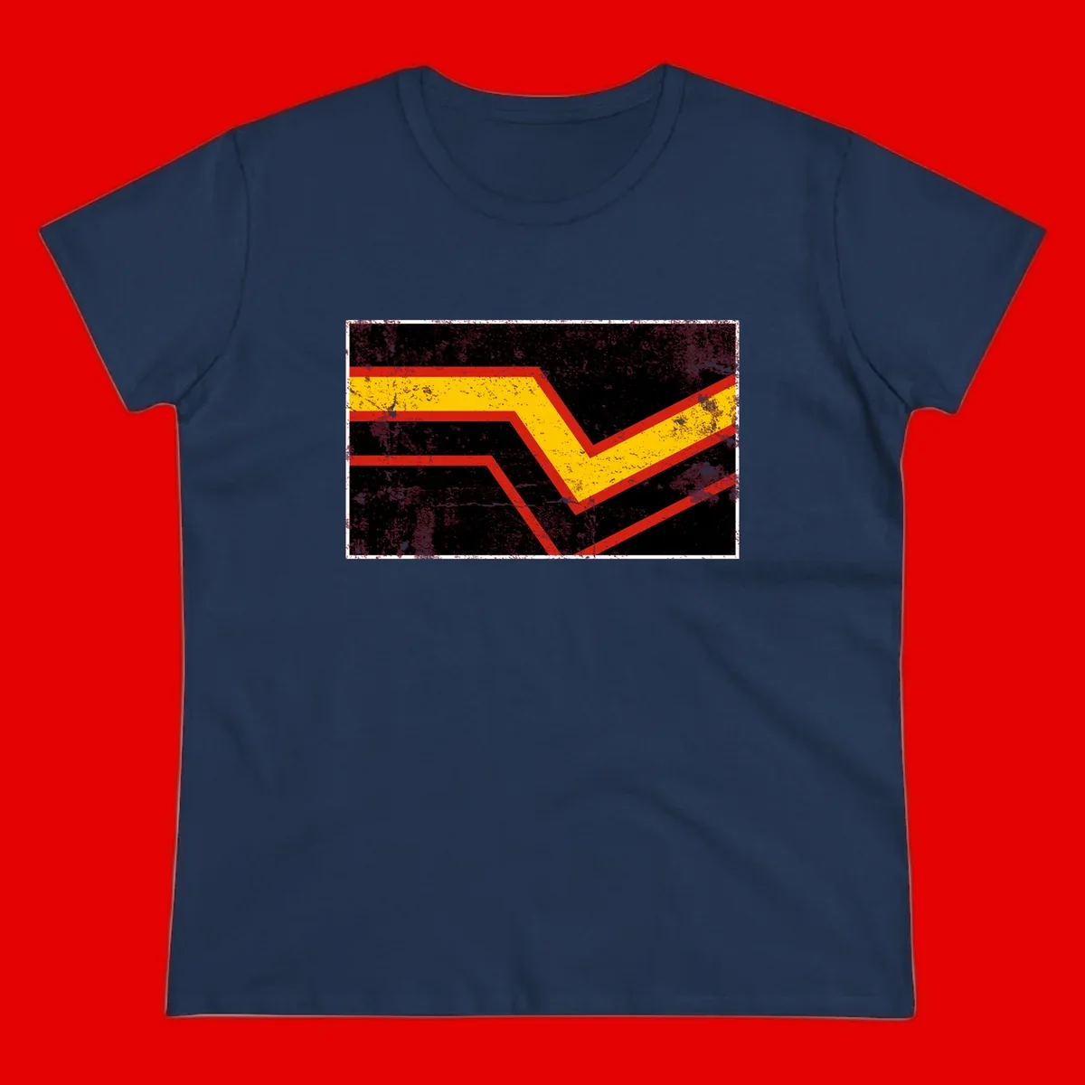 Bold geometric chevron checkmark with red and yellow stripes on distressed black background