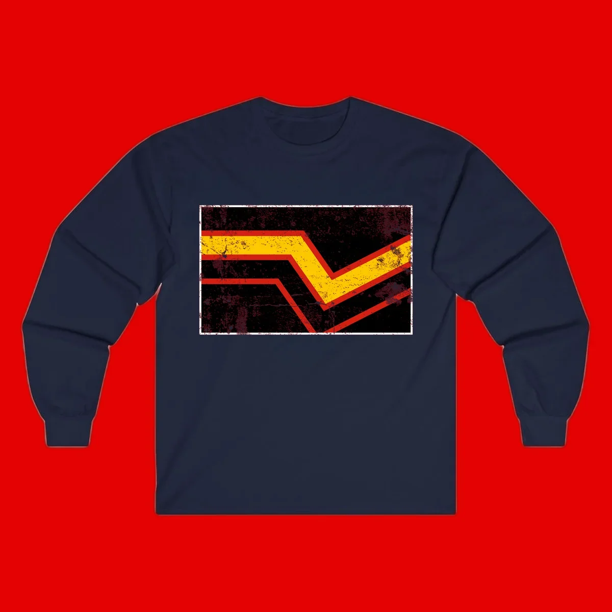 Bold geometric chevron checkmark with red and yellow stripes on distressed black background