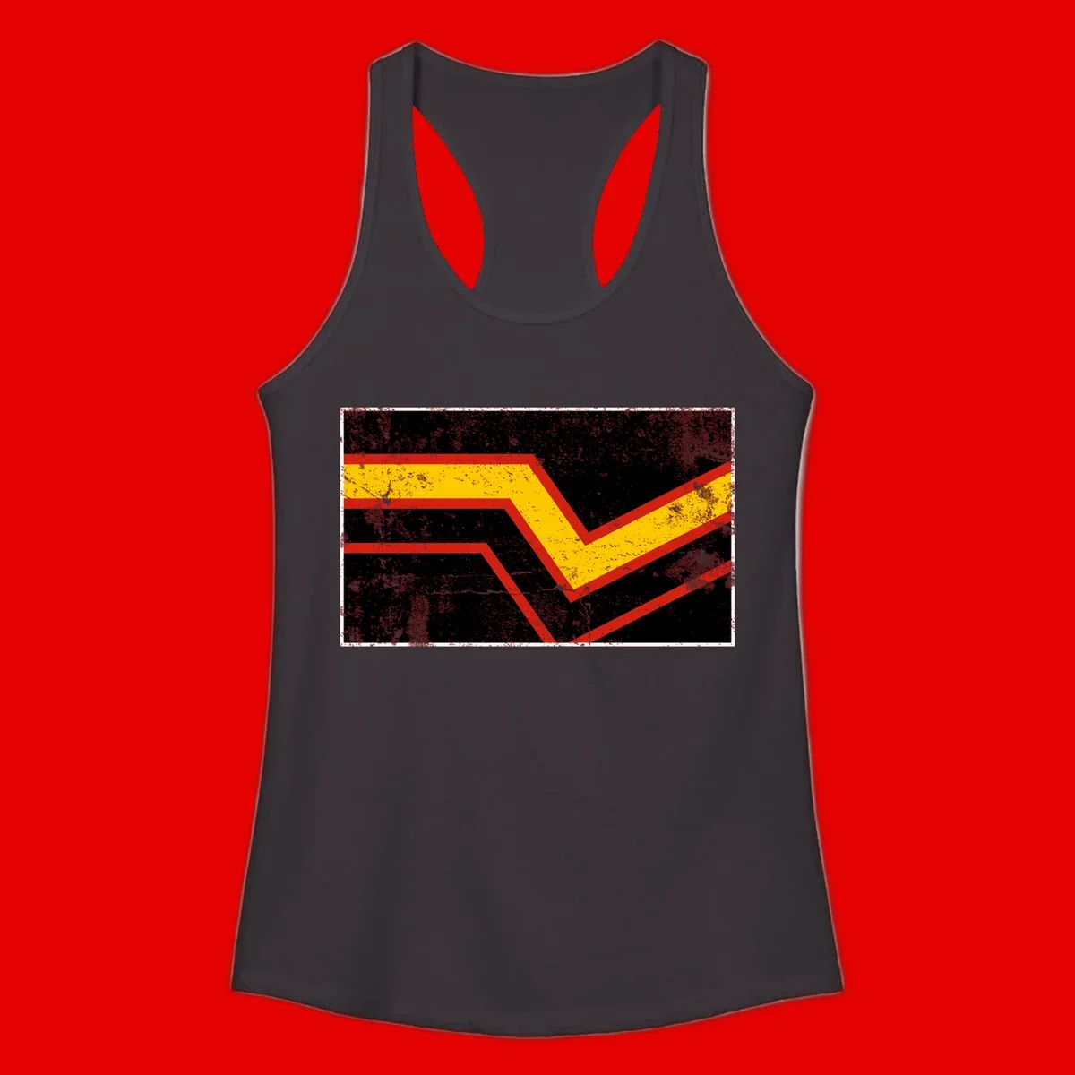 Bold geometric chevron checkmark with red and yellow stripes on distressed black background