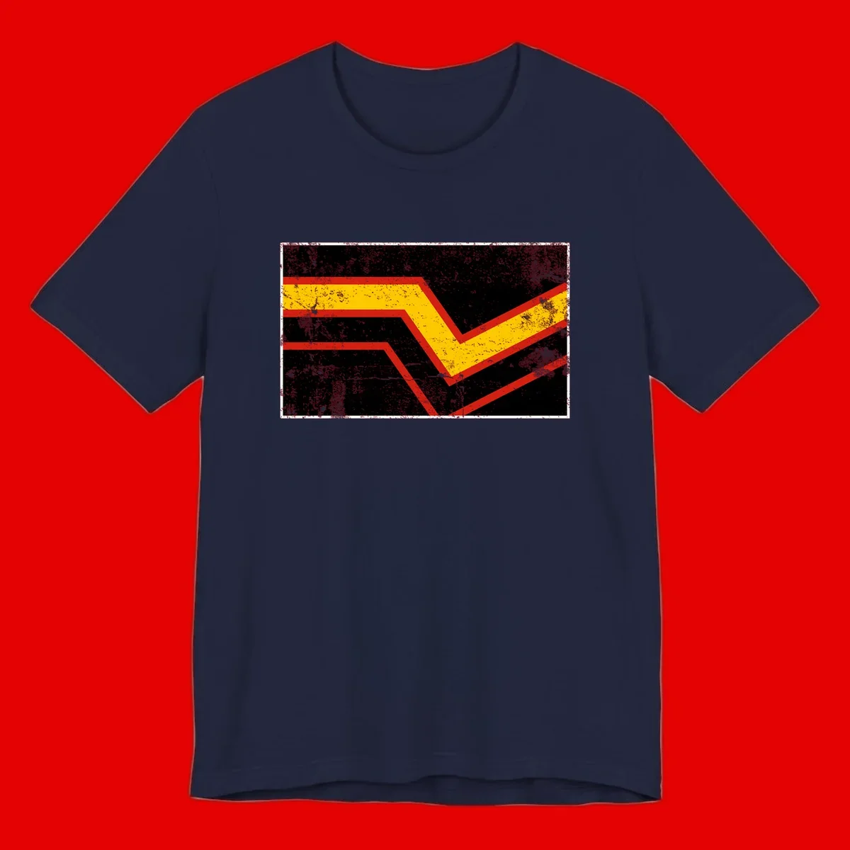 Bold geometric chevron checkmark with red and yellow stripes on distressed black background