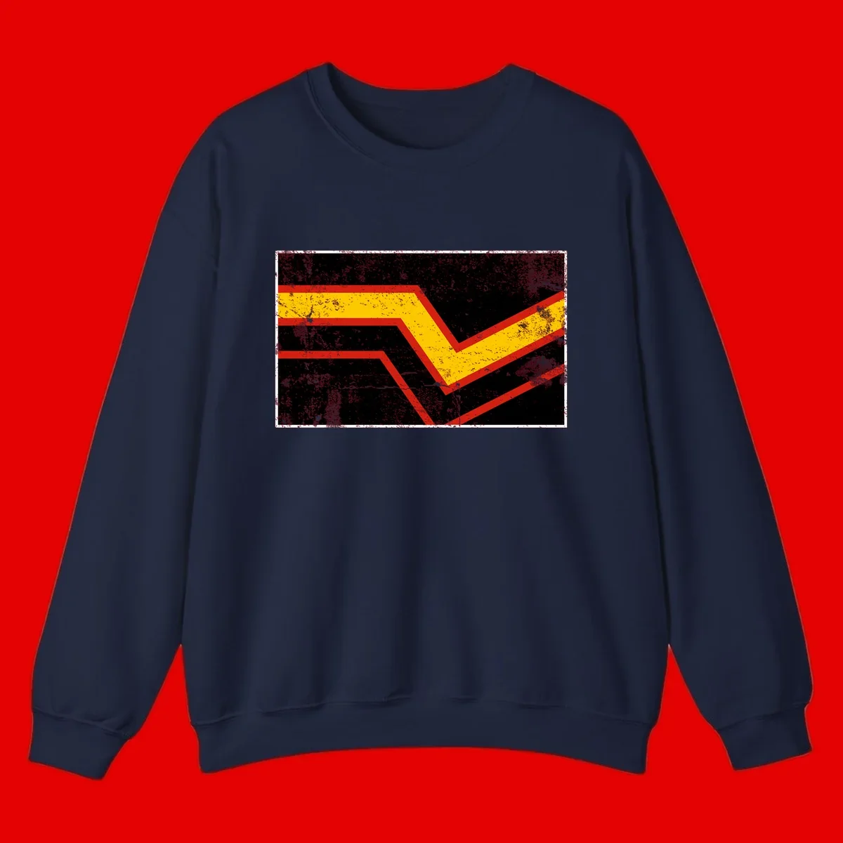 Bold geometric chevron checkmark with red and yellow stripes on distressed black background