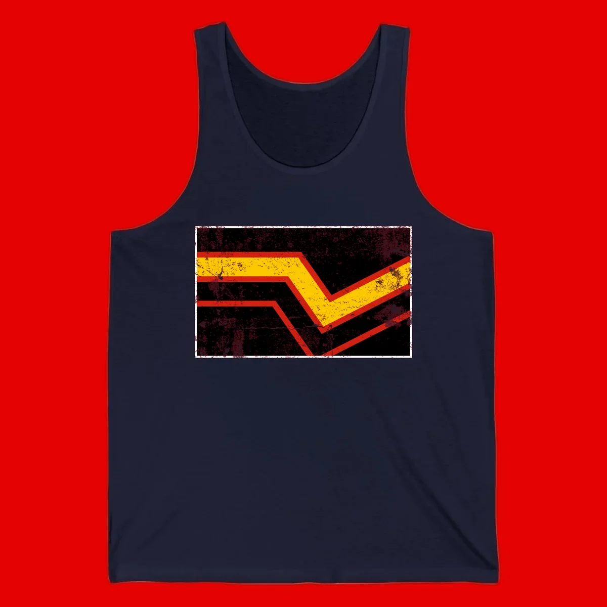 Bold geometric chevron checkmark with red and yellow stripes on distressed black background