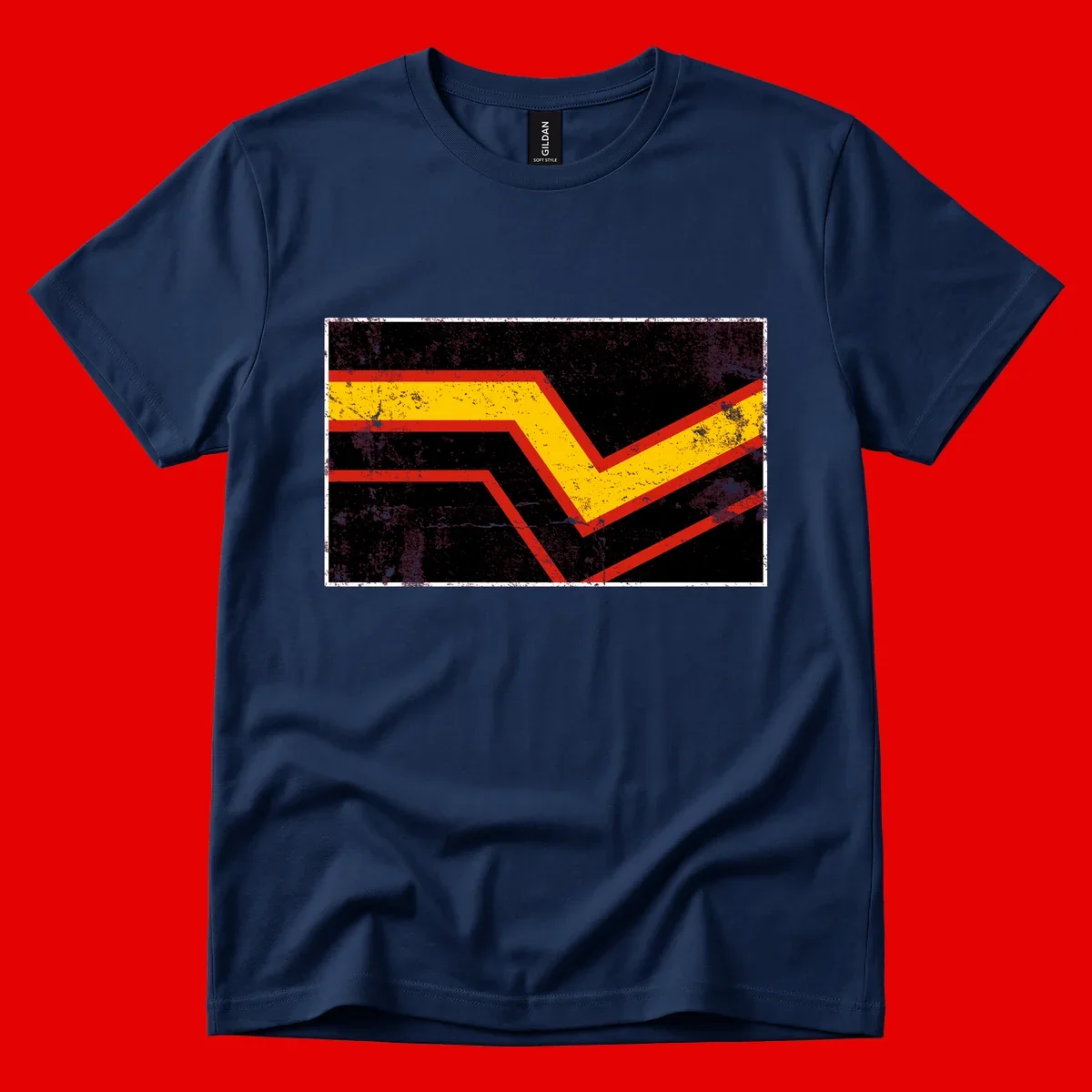 Bold geometric chevron checkmark with red and yellow stripes on distressed black background