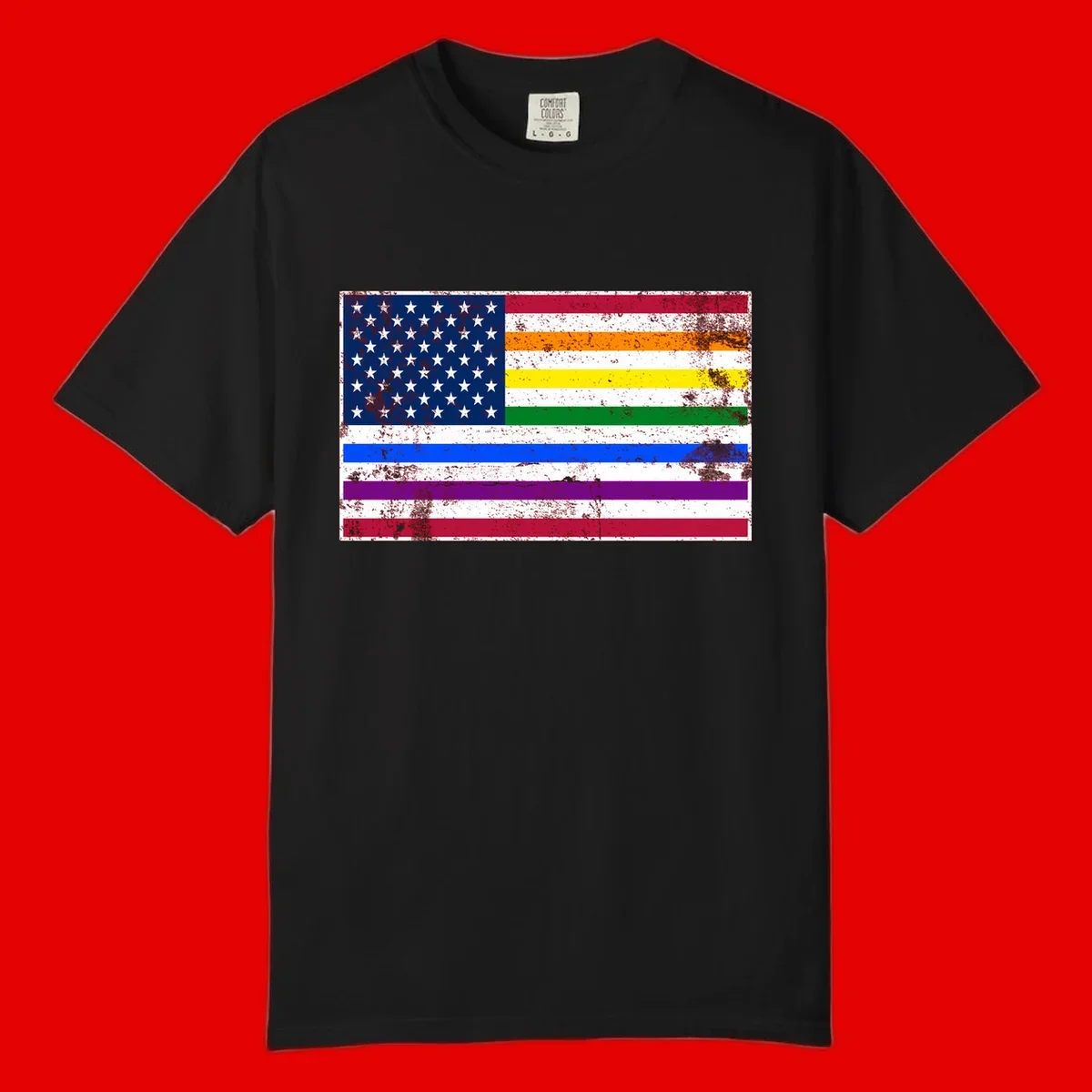 Distressed progress pride American flag design featuring traditional stars and stripes combined with rainbow pride colors representing LGBTQ+ inclusion and patriotism