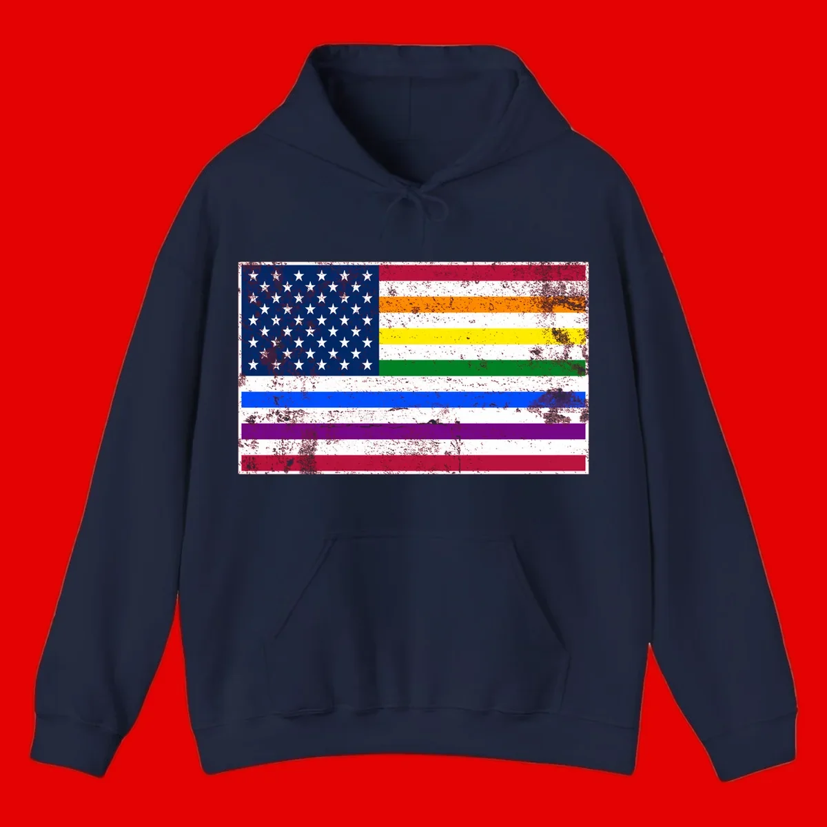 Distressed progress pride American flag design featuring traditional stars and stripes combined with rainbow pride colors representing LGBTQ+ inclusion and patriotism