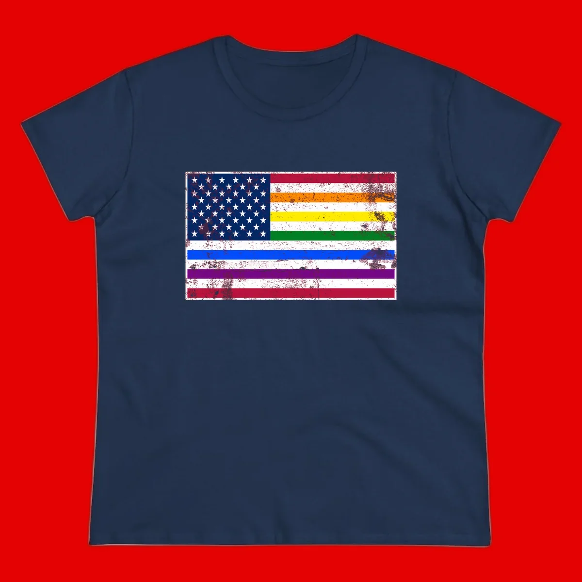 Distressed progress pride American flag design featuring traditional stars and stripes combined with rainbow pride colors representing LGBTQ+ inclusion and patriotism