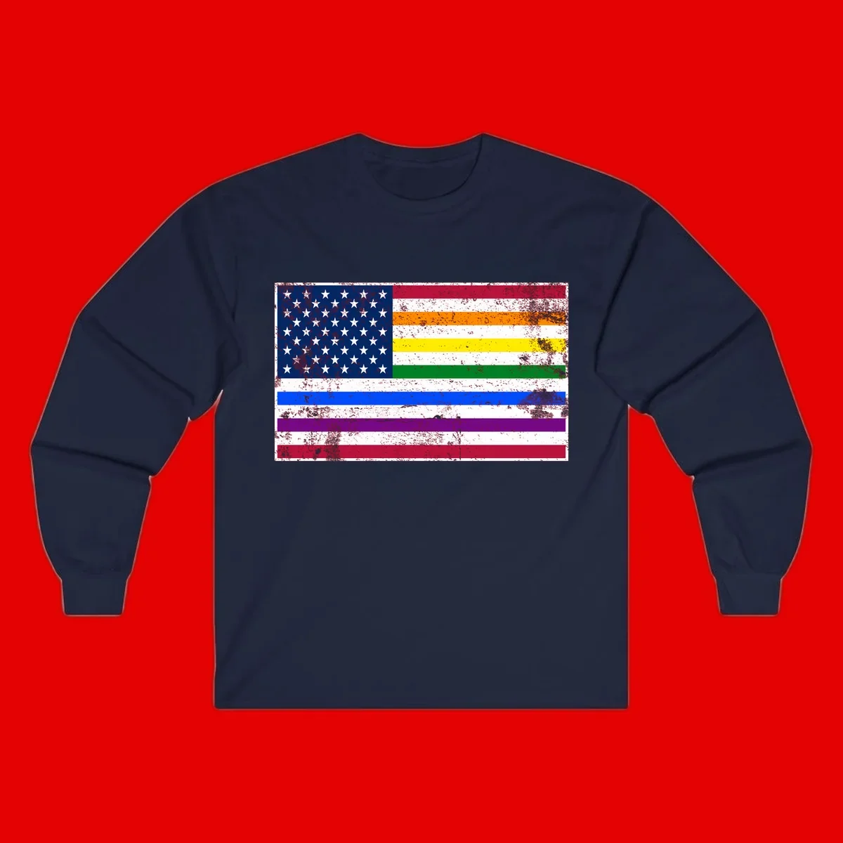 Distressed progress pride American flag design featuring traditional stars and stripes combined with rainbow pride colors representing LGBTQ+ inclusion and patriotism