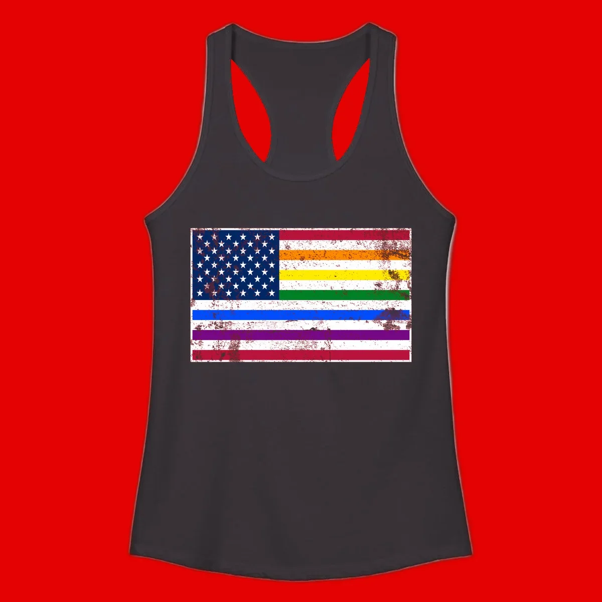Distressed progress pride American flag design featuring traditional stars and stripes combined with rainbow pride colors representing LGBTQ+ inclusion and patriotism
