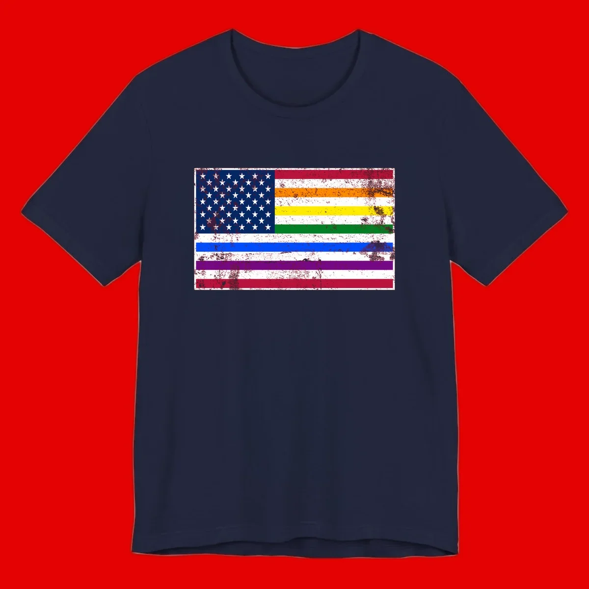 Distressed progress pride American flag design featuring traditional stars and stripes combined with rainbow pride colors representing LGBTQ+ inclusion and patriotism