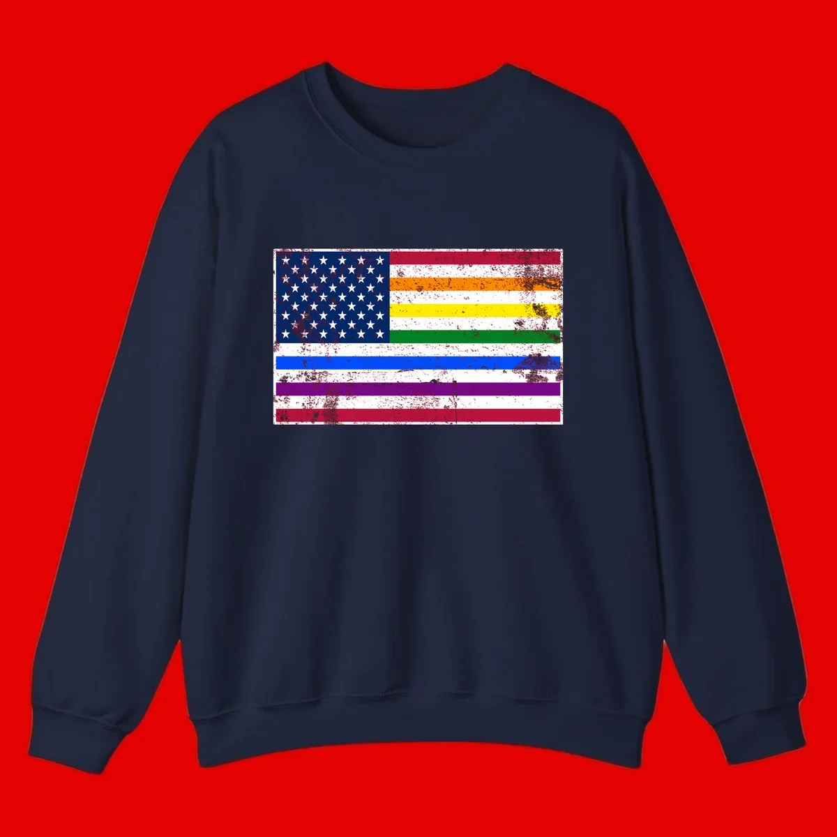 Distressed progress pride American flag design featuring traditional stars and stripes combined with rainbow pride colors representing LGBTQ+ inclusion and patriotism