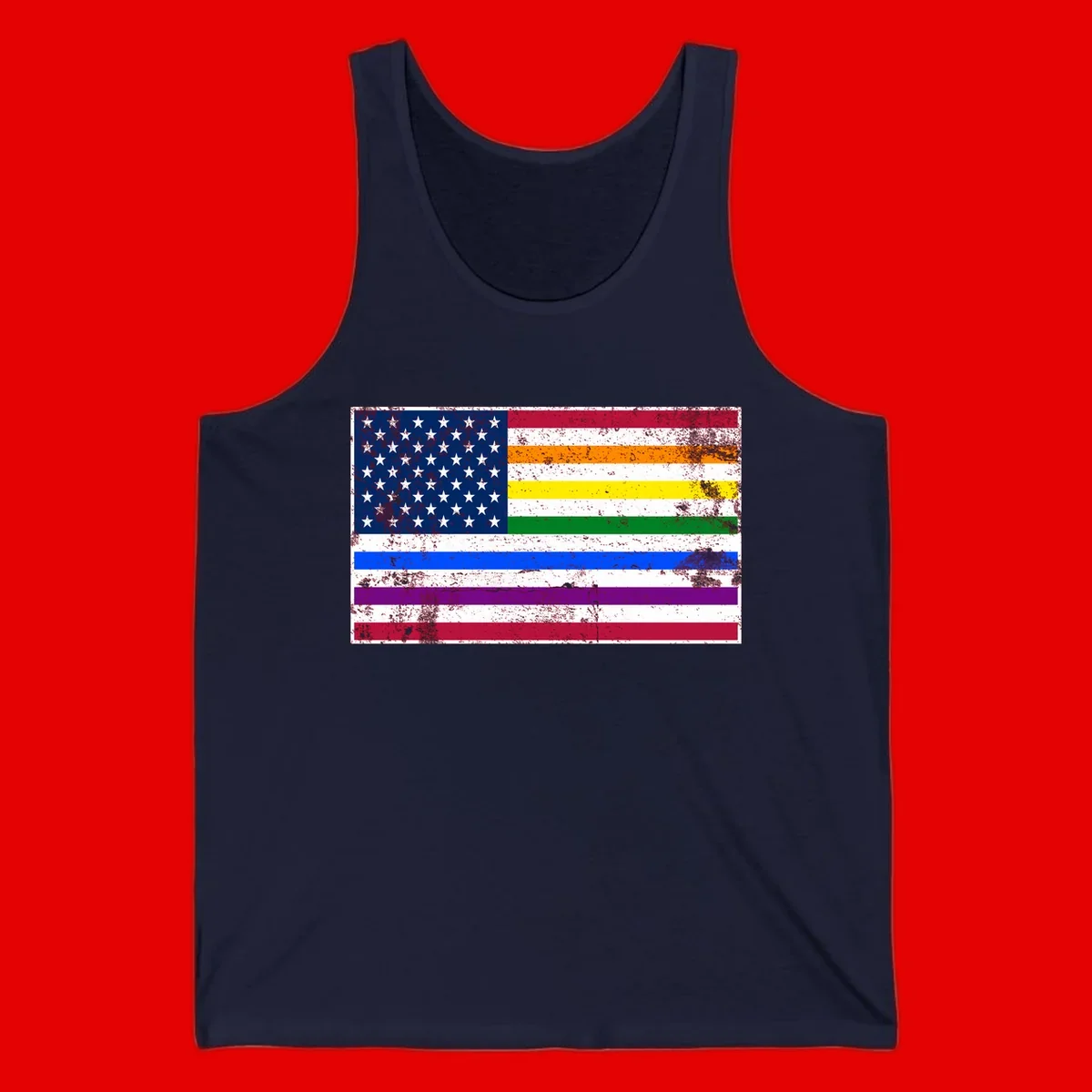 Distressed progress pride American flag design featuring traditional stars and stripes combined with rainbow pride colors representing LGBTQ+ inclusion and patriotism