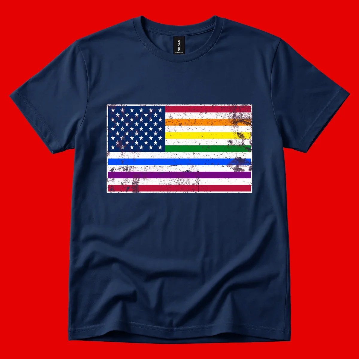 Distressed progress pride American flag design featuring traditional stars and stripes combined with rainbow pride colors representing LGBTQ+ inclusion and patriotism