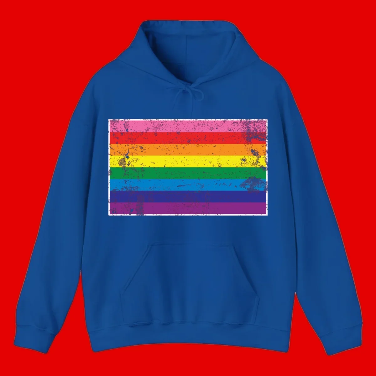Distressed rainbow pride flag with horizontal stripes in pink, red, orange, yellow, green, blue, purple, and magenta featuring grunge texture overlay.