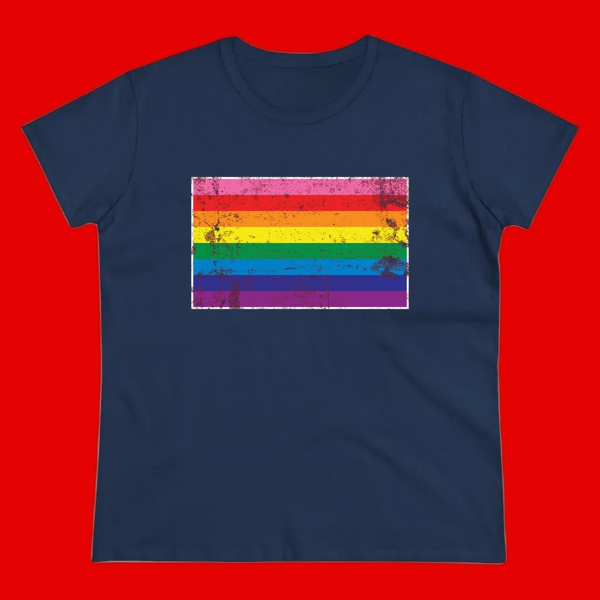 Distressed rainbow pride flag with horizontal stripes in pink, red, orange, yellow, green, blue, purple, and magenta featuring grunge texture overlay.