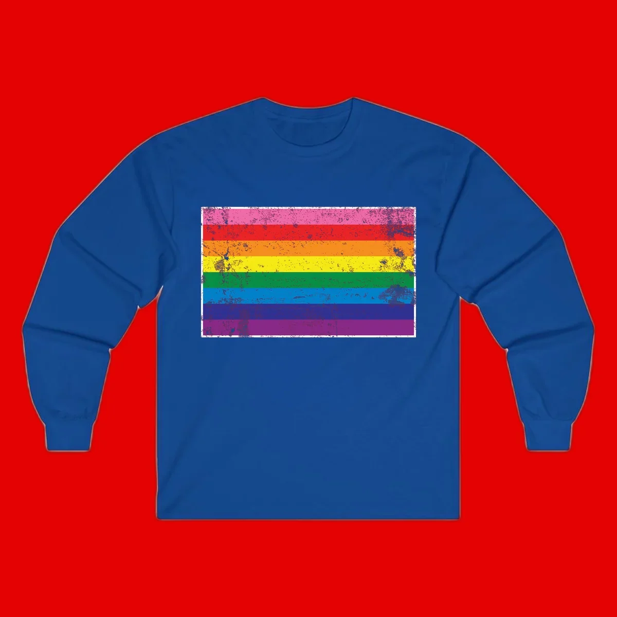 Distressed rainbow pride flag with horizontal stripes in pink, red, orange, yellow, green, blue, purple, and magenta featuring grunge texture overlay.
