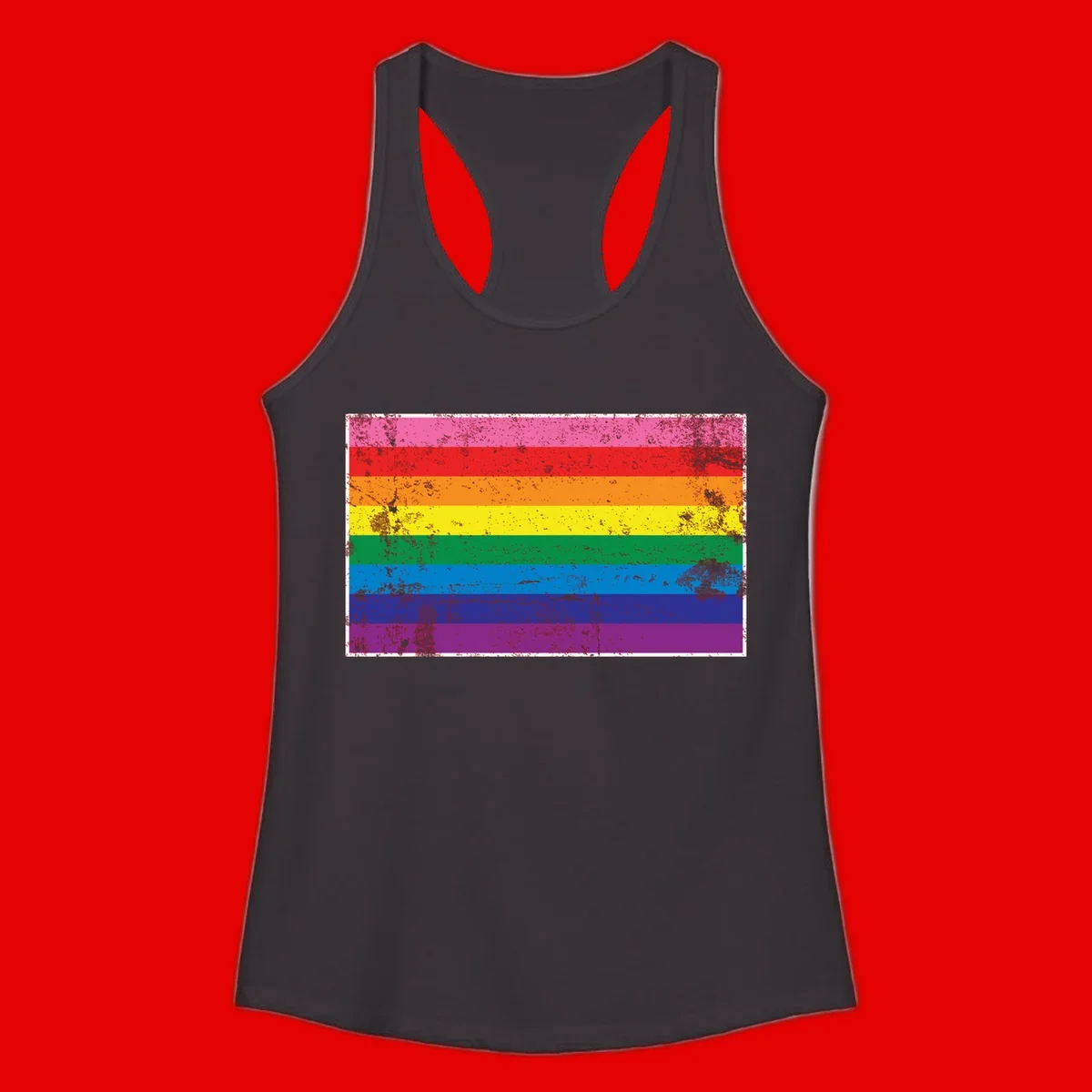 Distressed rainbow pride flag with horizontal stripes in pink, red, orange, yellow, green, blue, purple, and magenta featuring grunge texture overlay.