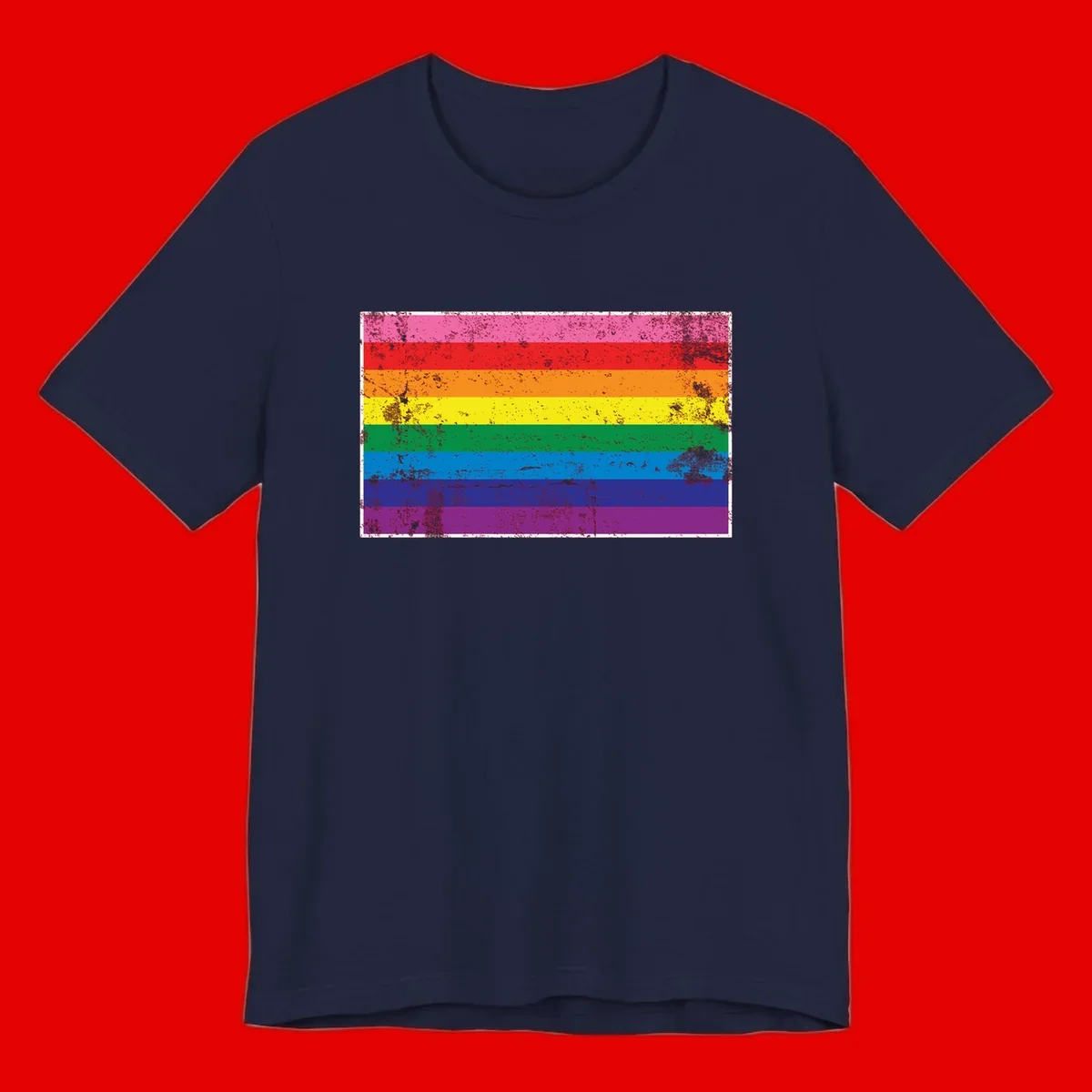 Distressed rainbow pride flag with horizontal stripes in pink, red, orange, yellow, green, blue, purple, and magenta featuring grunge texture overlay.
