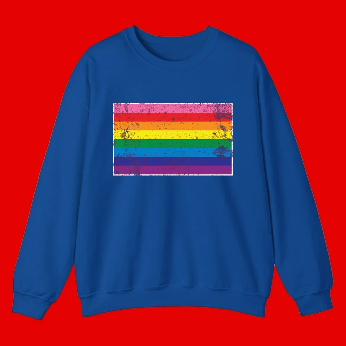Distressed rainbow pride flag with horizontal stripes in pink, red, orange, yellow, green, blue, purple, and magenta featuring grunge texture overlay.