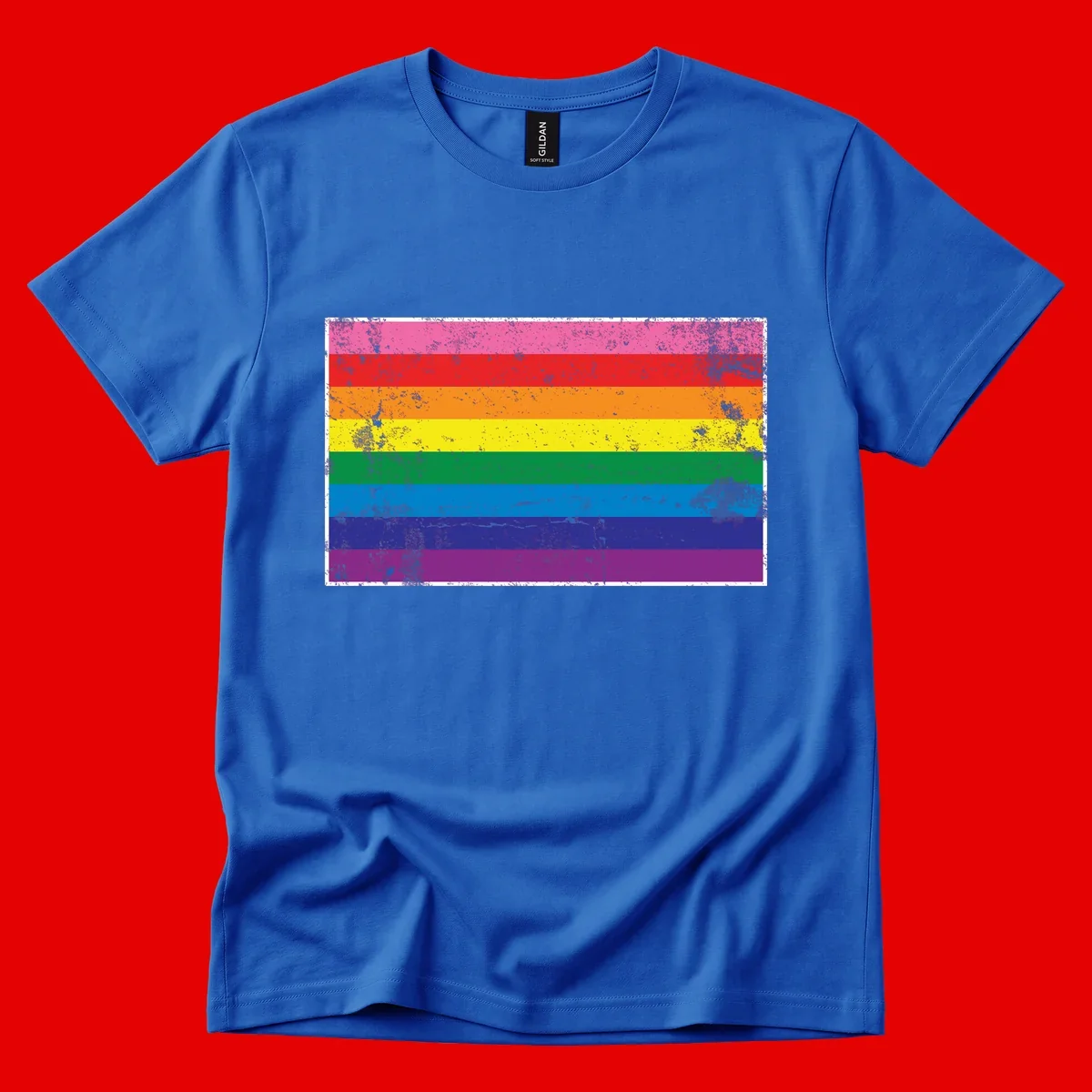 Distressed rainbow pride flag with horizontal stripes in pink, red, orange, yellow, green, blue, purple, and magenta featuring grunge texture overlay.
