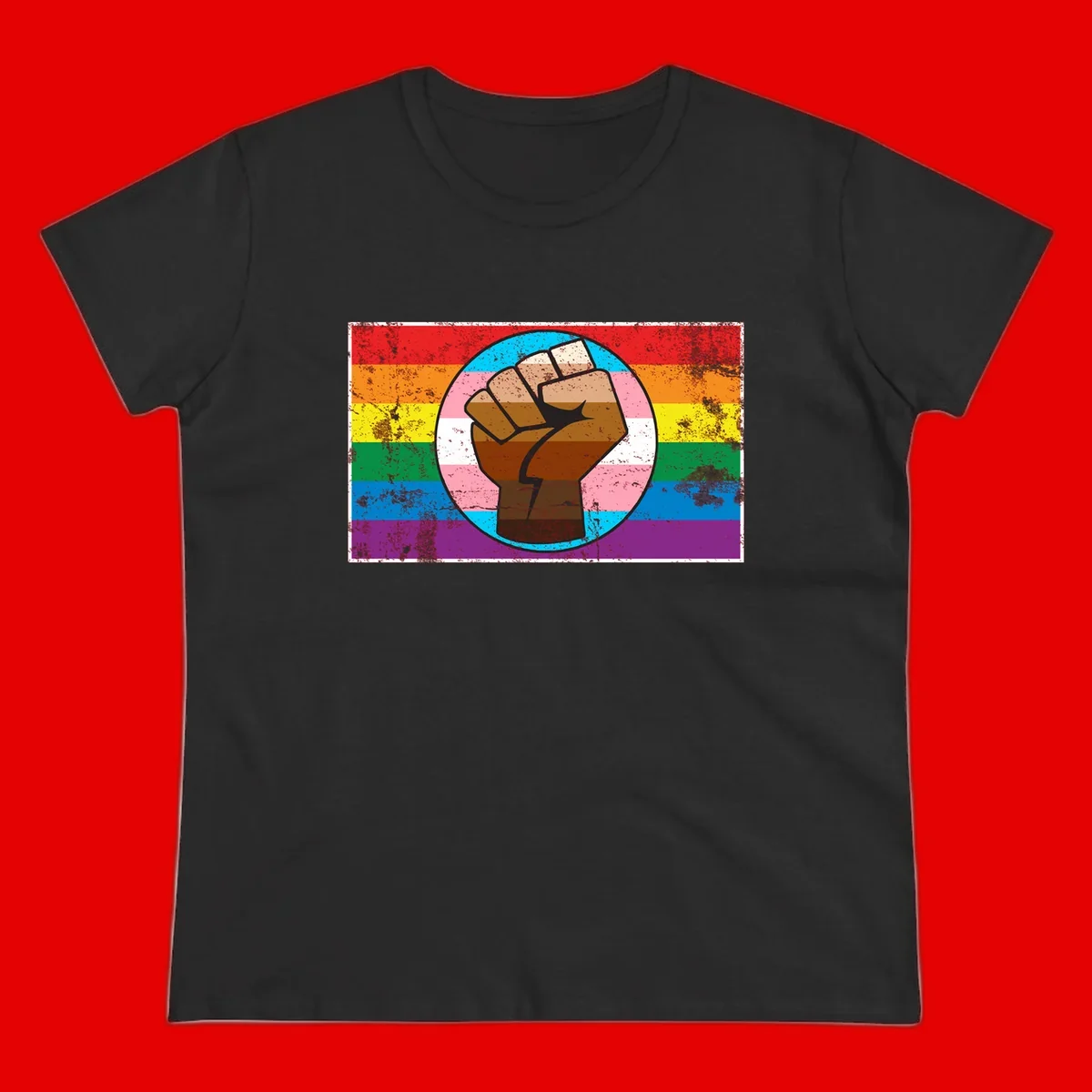 Raised brown fist in circular badge with rainbow pride flag and trans flag stripe background symbolizing LGBTQ+ solidarity
