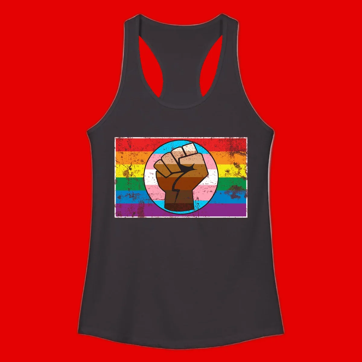 Raised brown fist in circular badge with rainbow pride flag and trans flag stripe background symbolizing LGBTQ+ solidarity