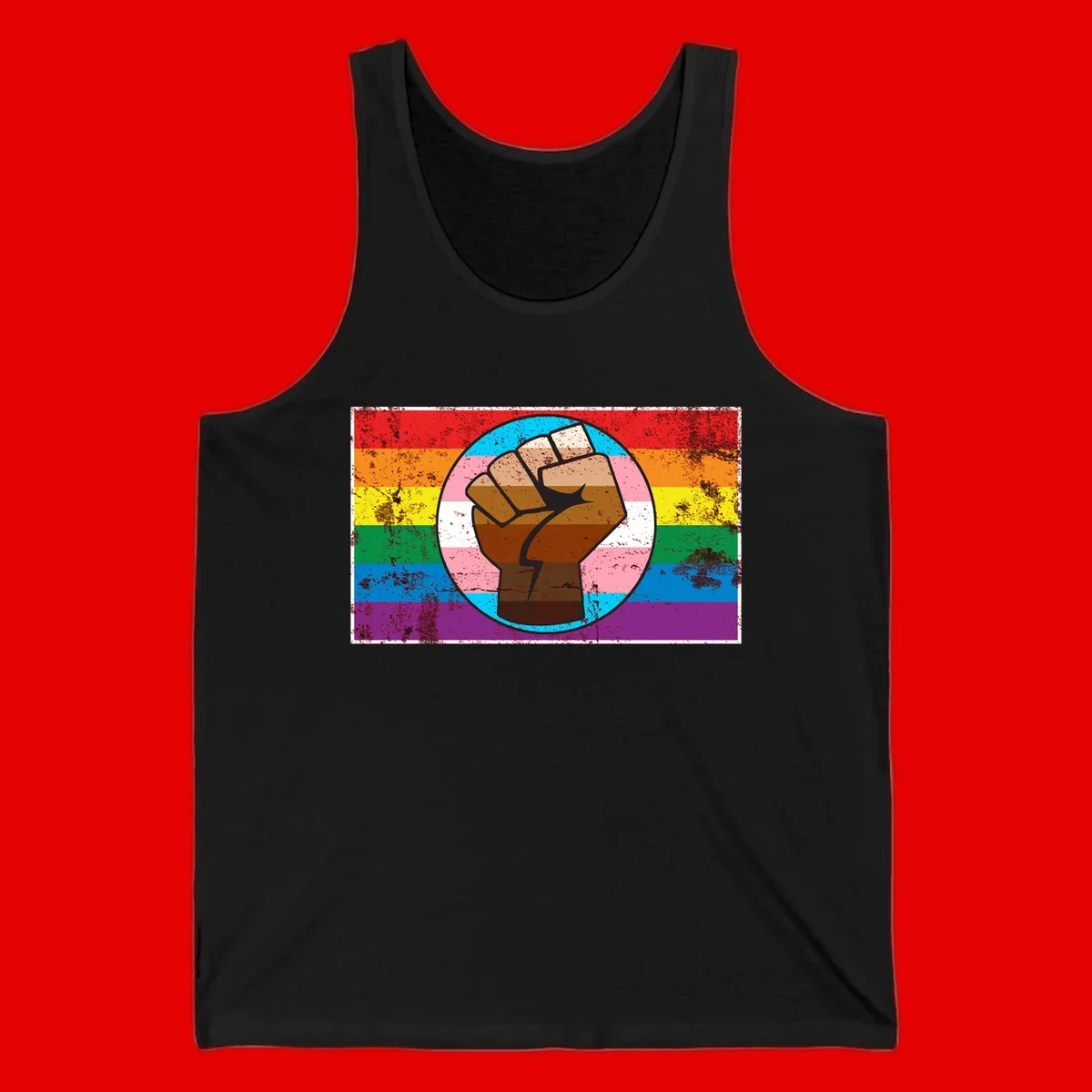 Raised brown fist in circular badge with rainbow pride flag and trans flag stripe background symbolizing LGBTQ+ solidarity