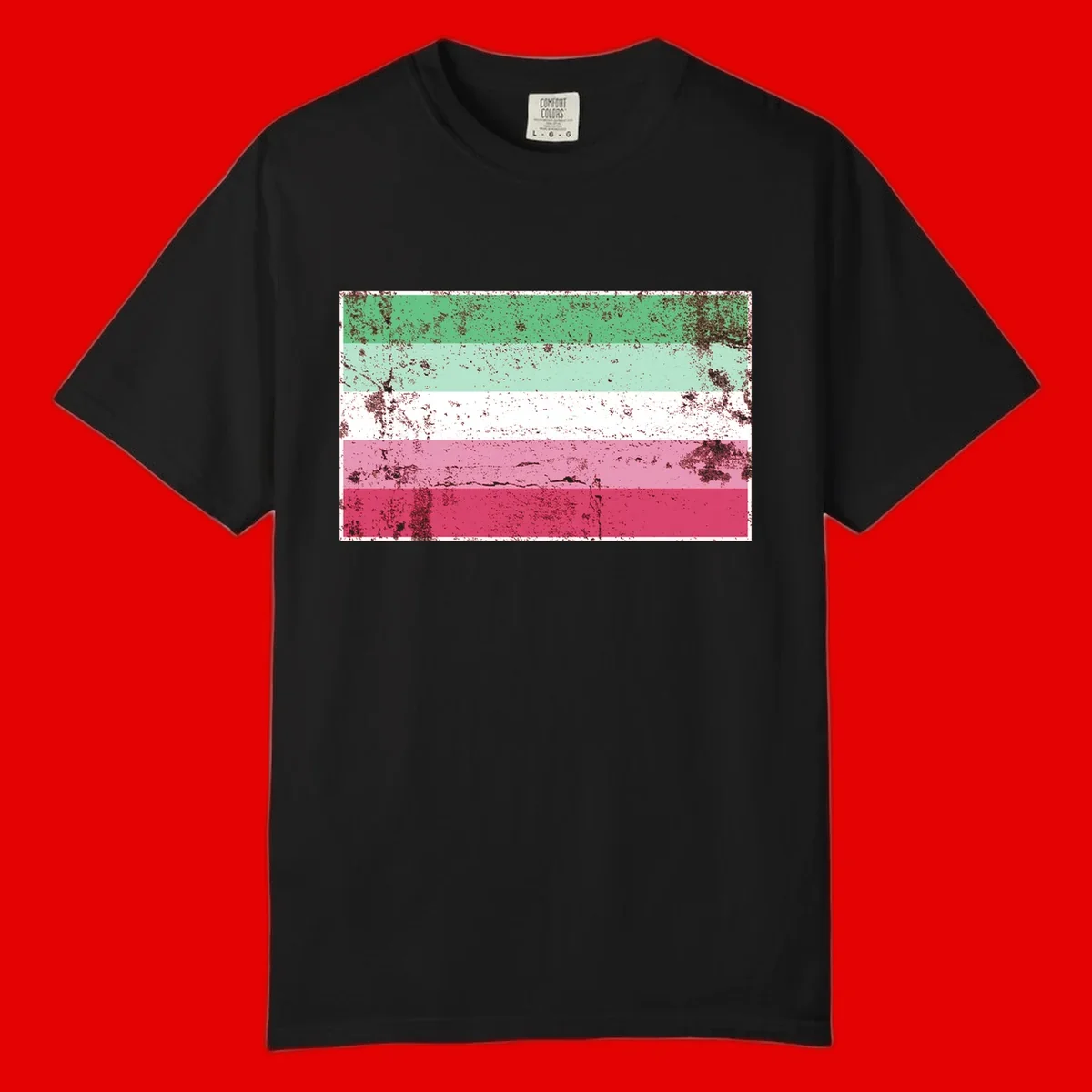 Distressed transgender pride flag with five horizontal stripes in green, mint, white, pink, and red featuring heavy grunge texture overlay