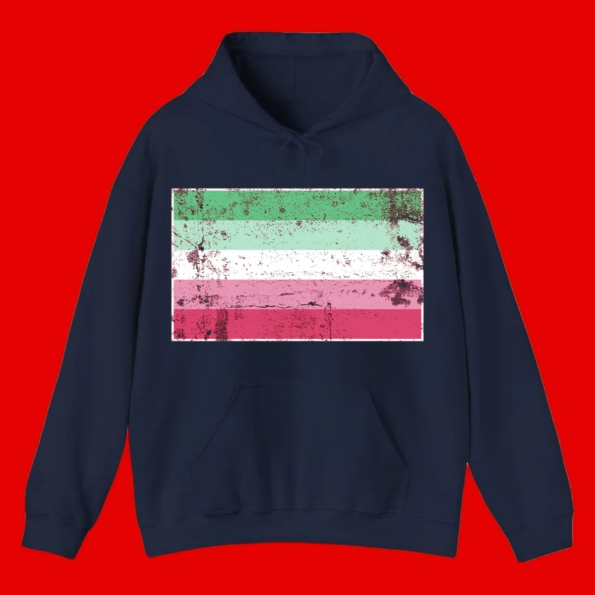 Distressed transgender pride flag with five horizontal stripes in green, mint, white, pink, and red featuring heavy grunge texture overlay