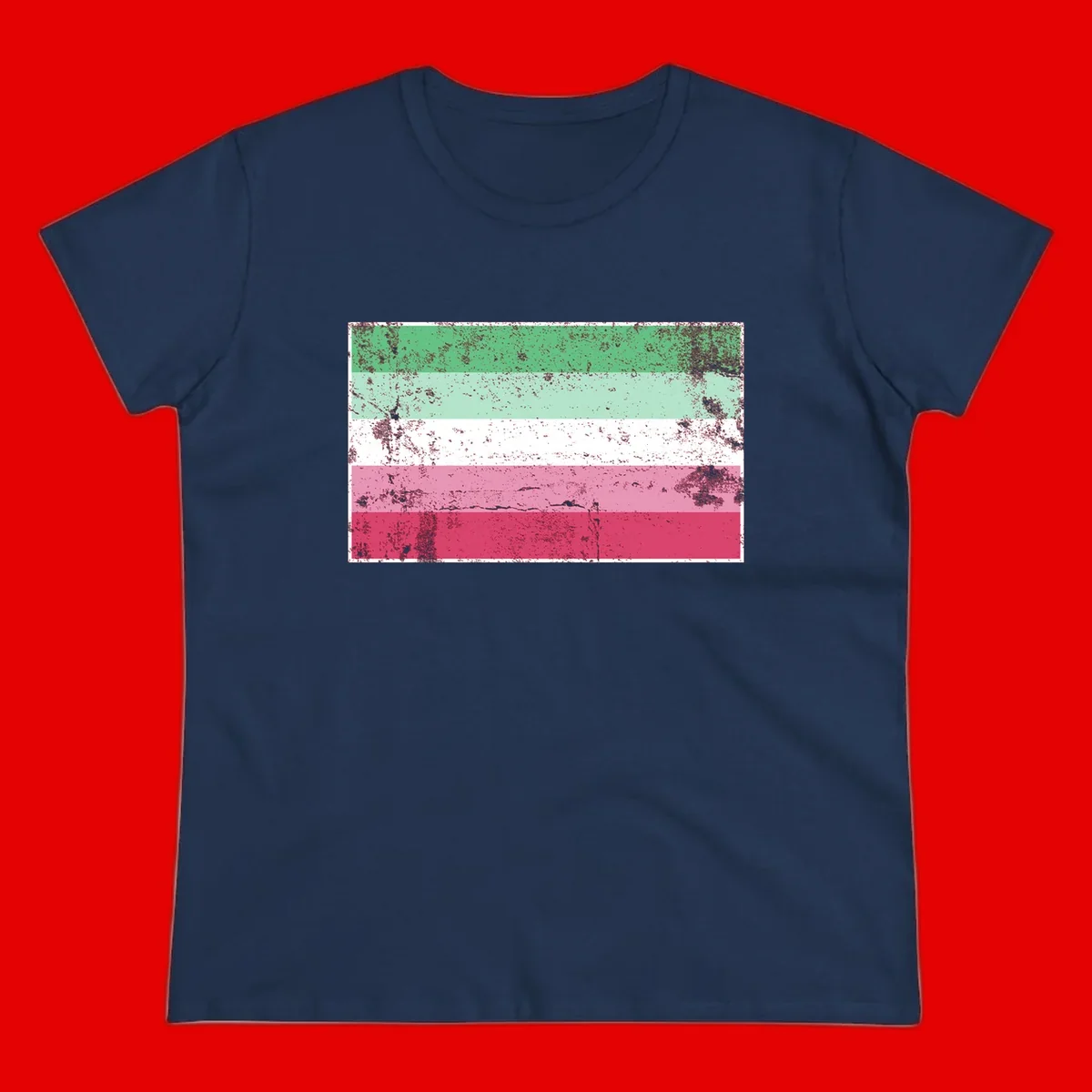 Distressed transgender pride flag with five horizontal stripes in green, mint, white, pink, and red featuring heavy grunge texture overlay