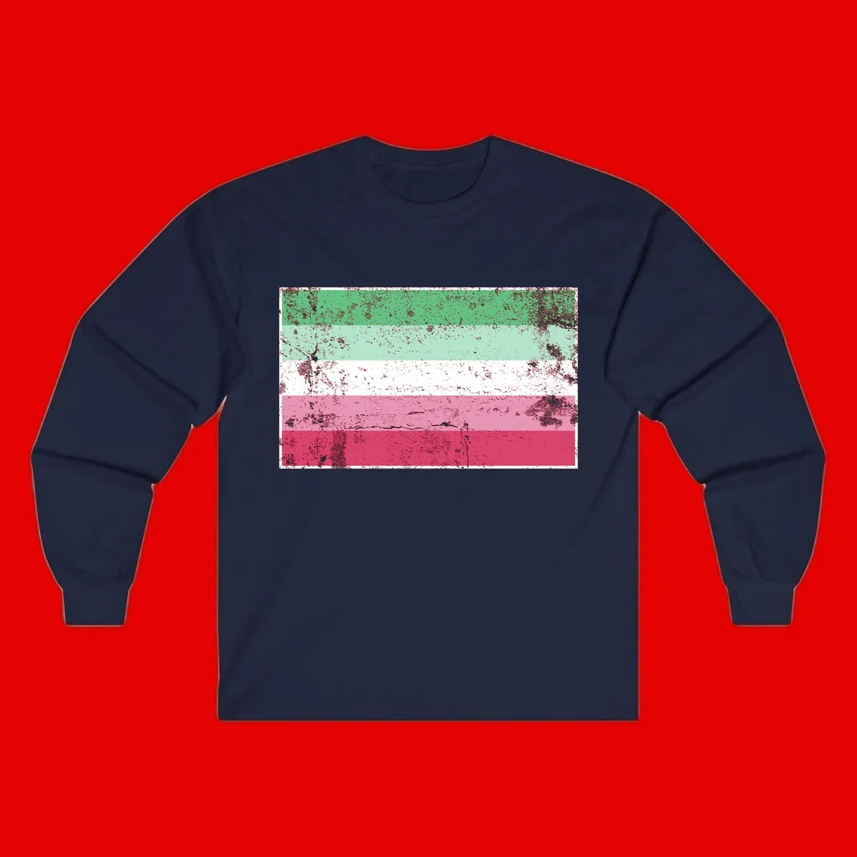 Distressed transgender pride flag with five horizontal stripes in green, mint, white, pink, and red featuring heavy grunge texture overlay