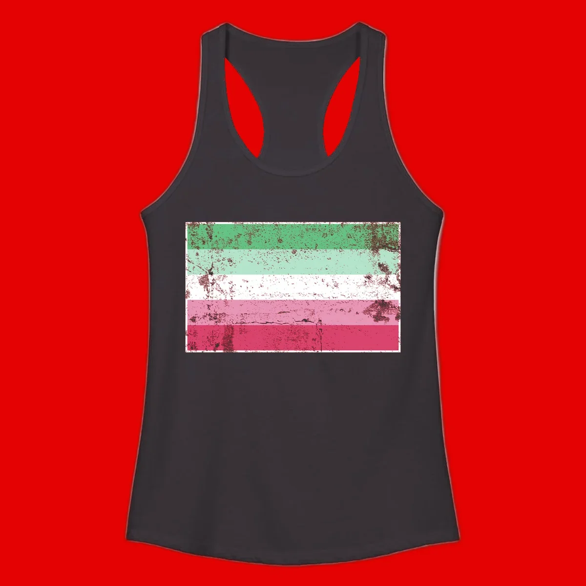 Distressed transgender pride flag with five horizontal stripes in green, mint, white, pink, and red featuring heavy grunge texture overlay