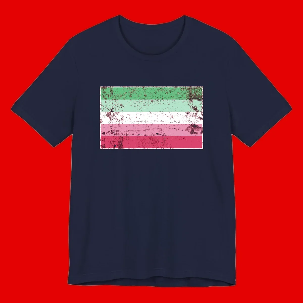 Distressed transgender pride flag with five horizontal stripes in green, mint, white, pink, and red featuring heavy grunge texture overlay