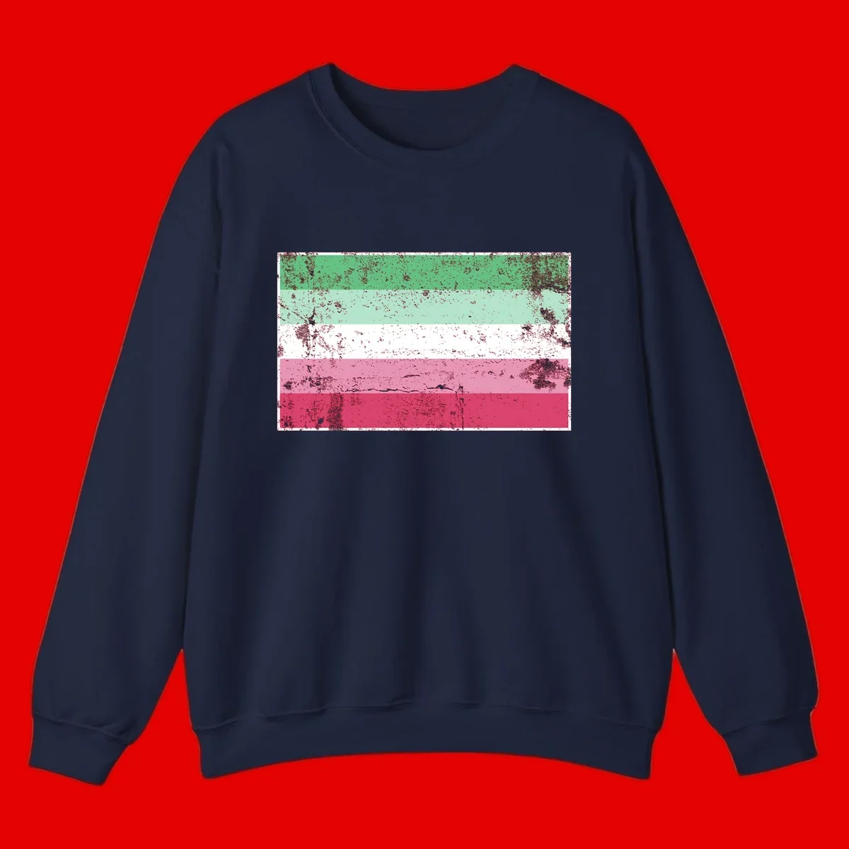 Distressed transgender pride flag with five horizontal stripes in green, mint, white, pink, and red featuring heavy grunge texture overlay