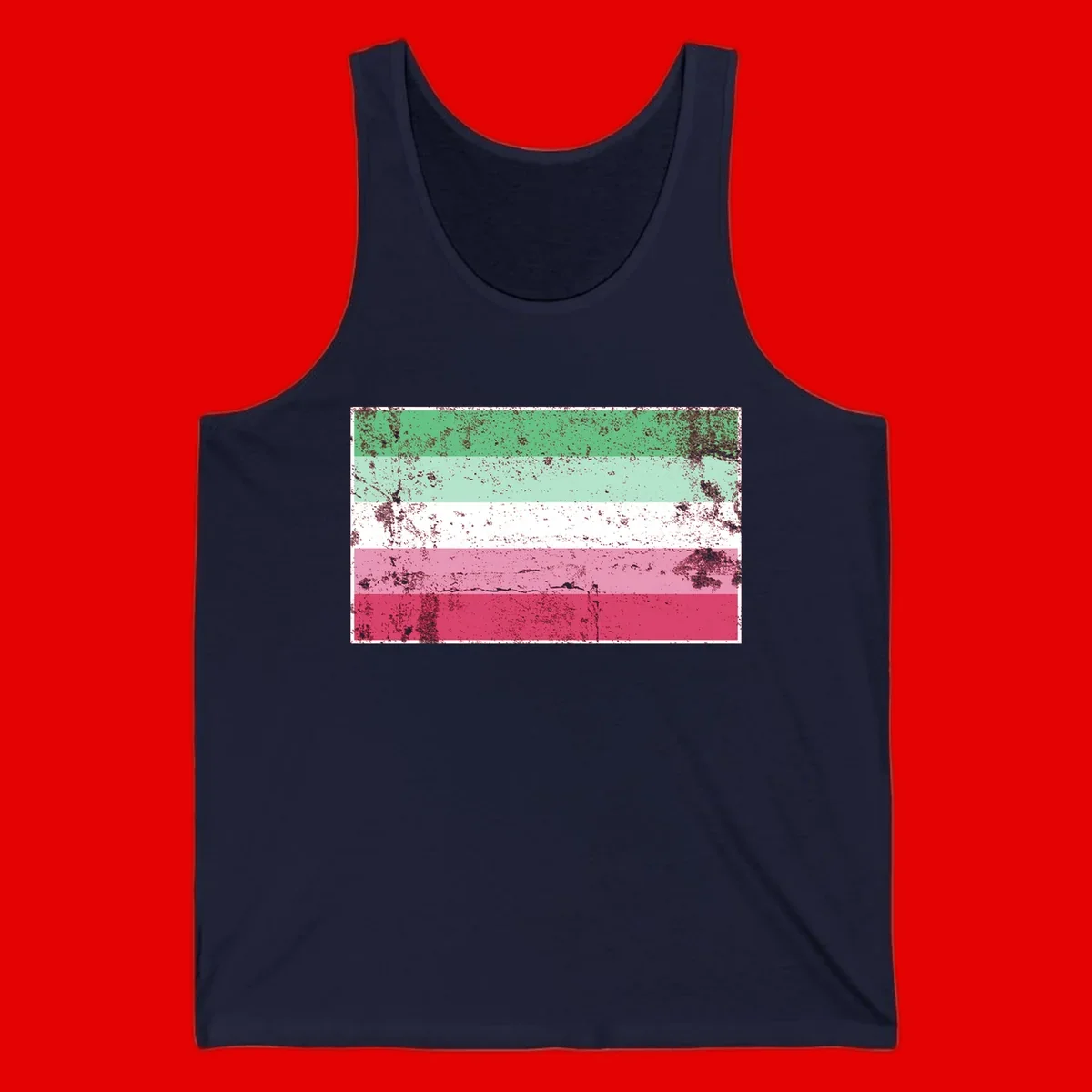 Distressed transgender pride flag with five horizontal stripes in green, mint, white, pink, and red featuring heavy grunge texture overlay