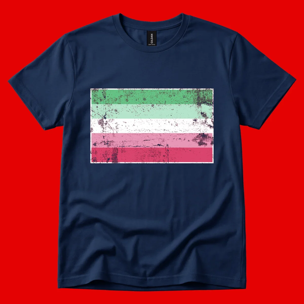 Distressed transgender pride flag with five horizontal stripes in green, mint, white, pink, and red featuring heavy grunge texture overlay