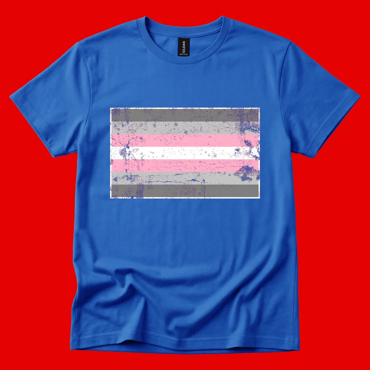 Distressed pride flag stripes design featuring pink, white, and gray horizontal bands with grunge texture overlay