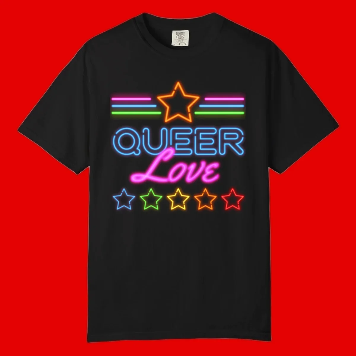 Neon queer love pride design with blue outlined text, magenta cursive script, orange and rainbow stars on gray background