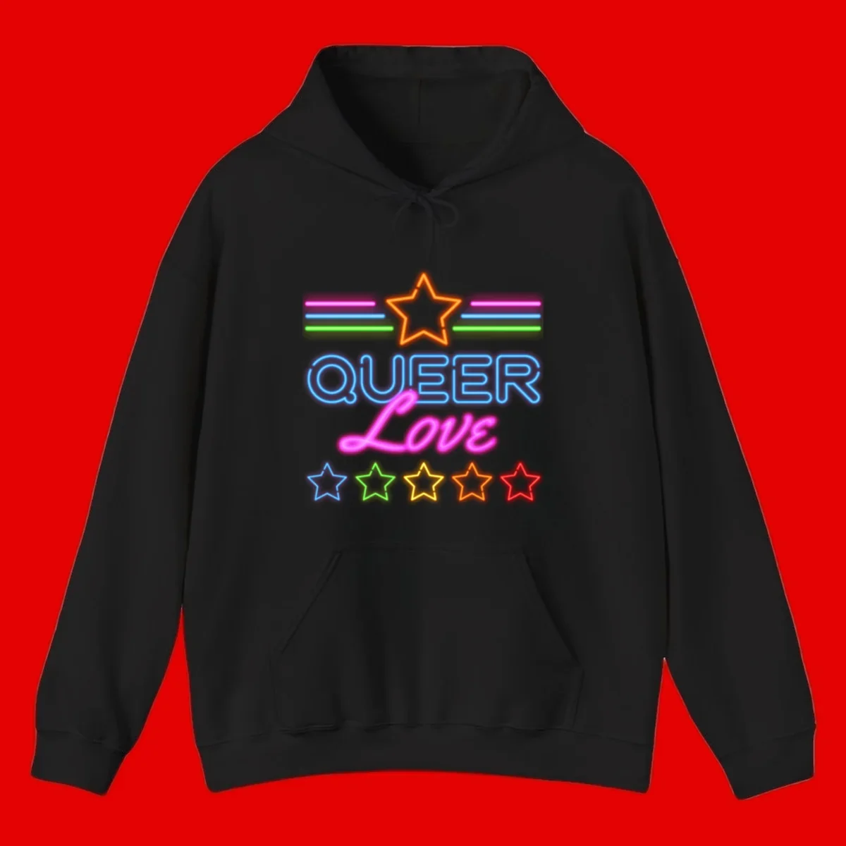 Neon queer love pride design with blue outlined text, magenta cursive script, orange and rainbow stars on gray background