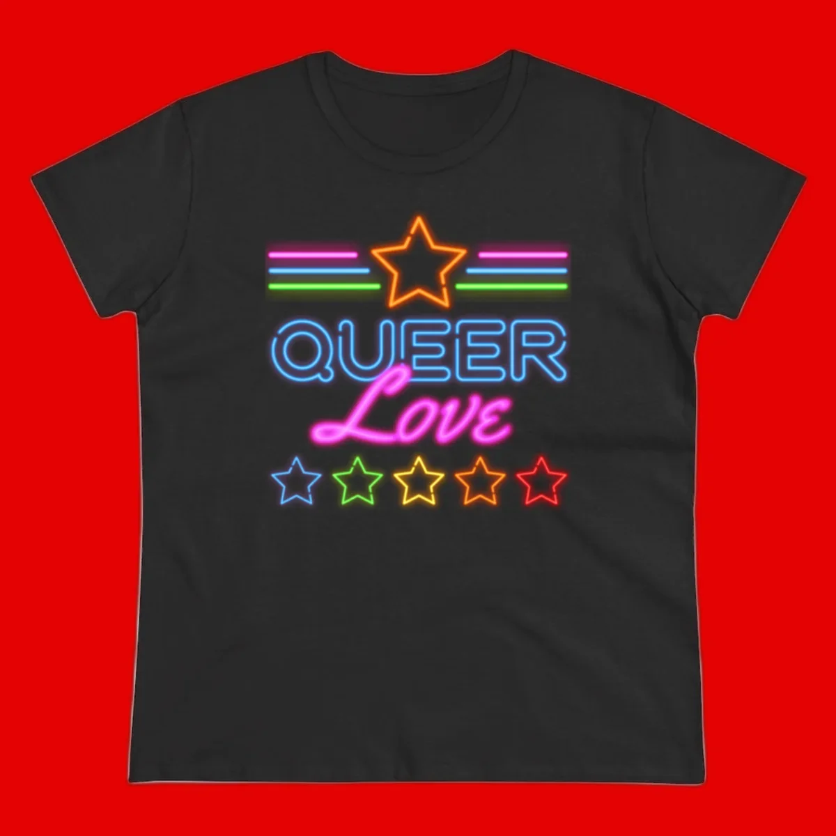 Neon queer love pride design with blue outlined text, magenta cursive script, orange and rainbow stars on gray background