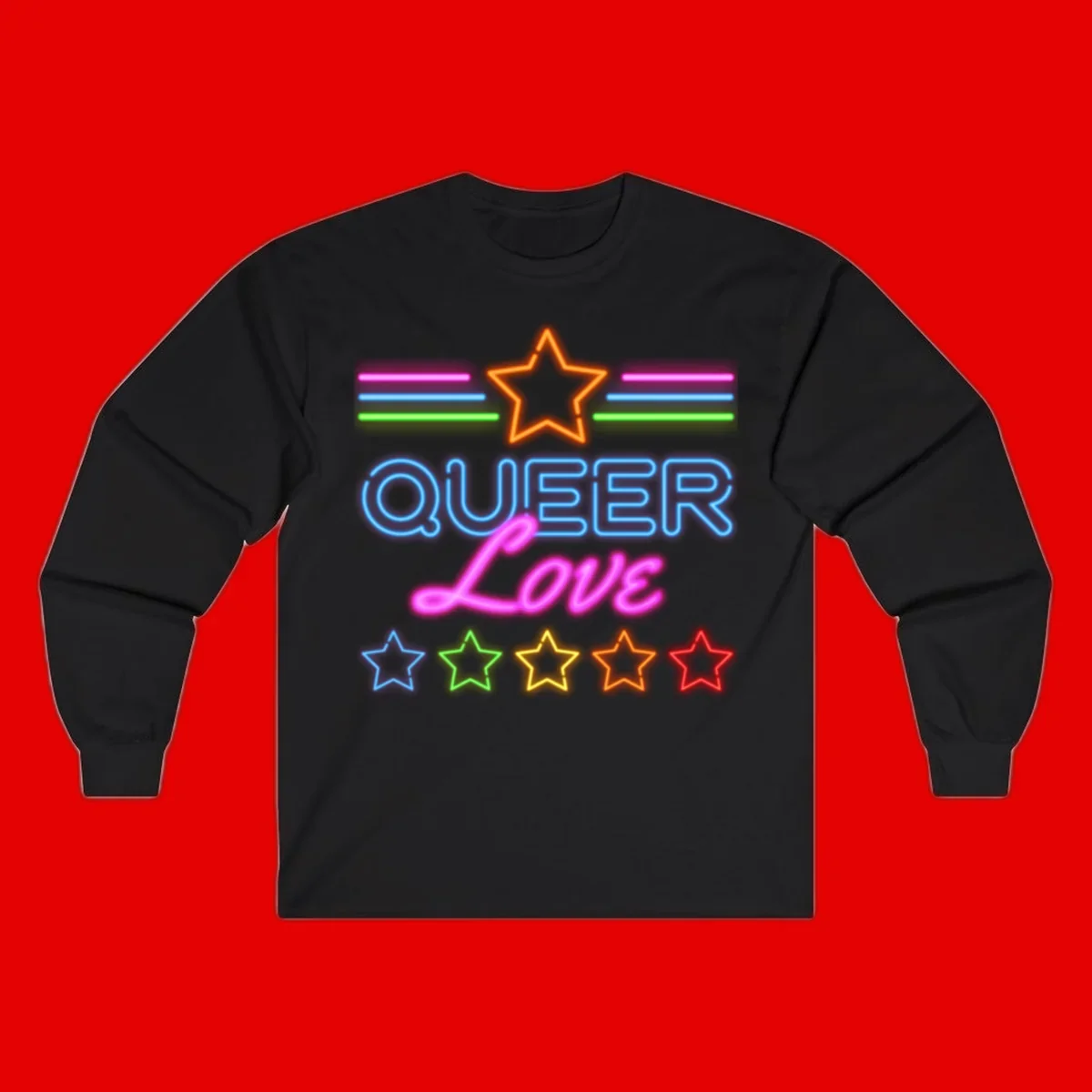 Neon queer love pride design with blue outlined text, magenta cursive script, orange and rainbow stars on gray background