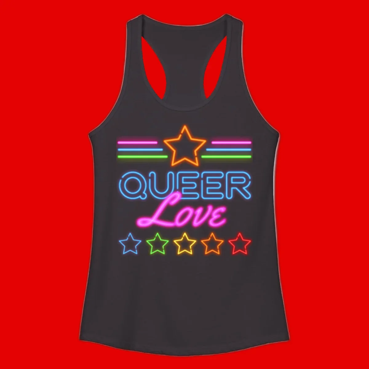 Neon queer love pride design with blue outlined text, magenta cursive script, orange and rainbow stars on gray background