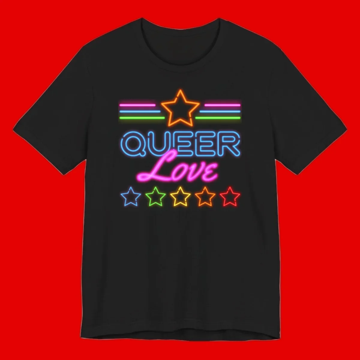 Neon queer love pride design with blue outlined text, magenta cursive script, orange and rainbow stars on gray background