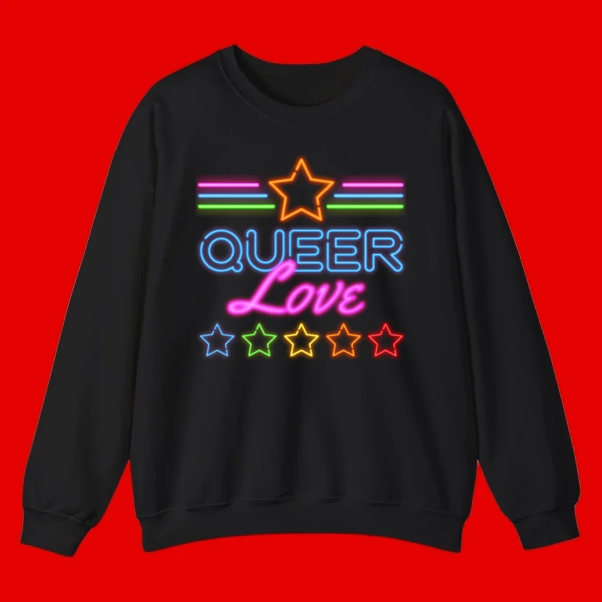 Neon queer love pride design with blue outlined text, magenta cursive script, orange and rainbow stars on gray background