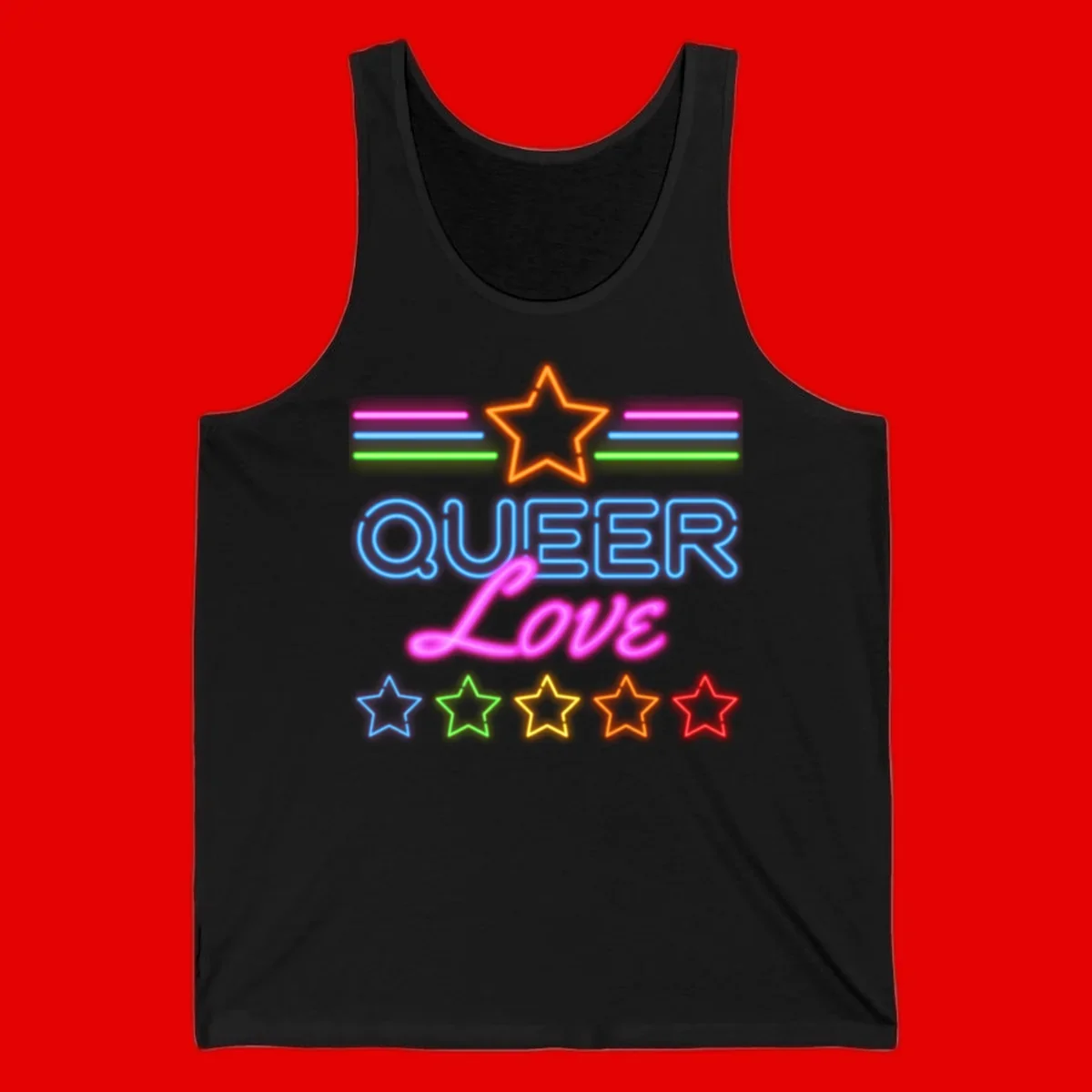 Neon queer love pride design with blue outlined text, magenta cursive script, orange and rainbow stars on gray background