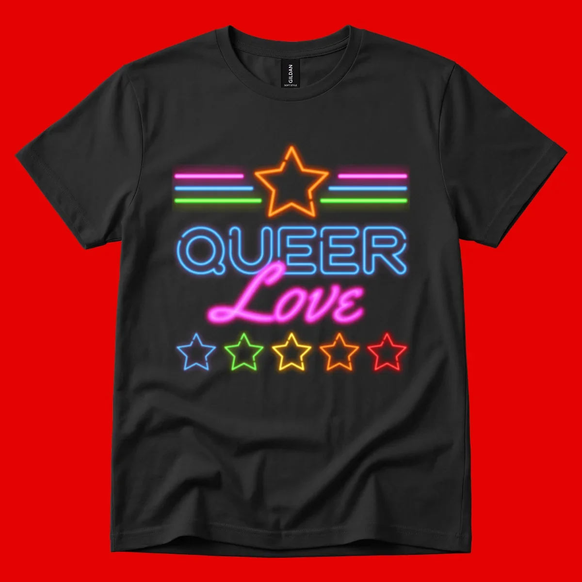 Neon queer love pride design with blue outlined text, magenta cursive script, orange and rainbow stars on gray background