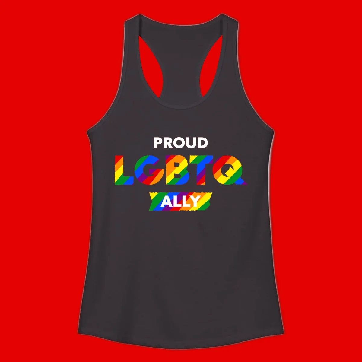 Colorful proud LGBTQ ally design with rainbow diagonal stripes filling large bold letters spelling out the message.