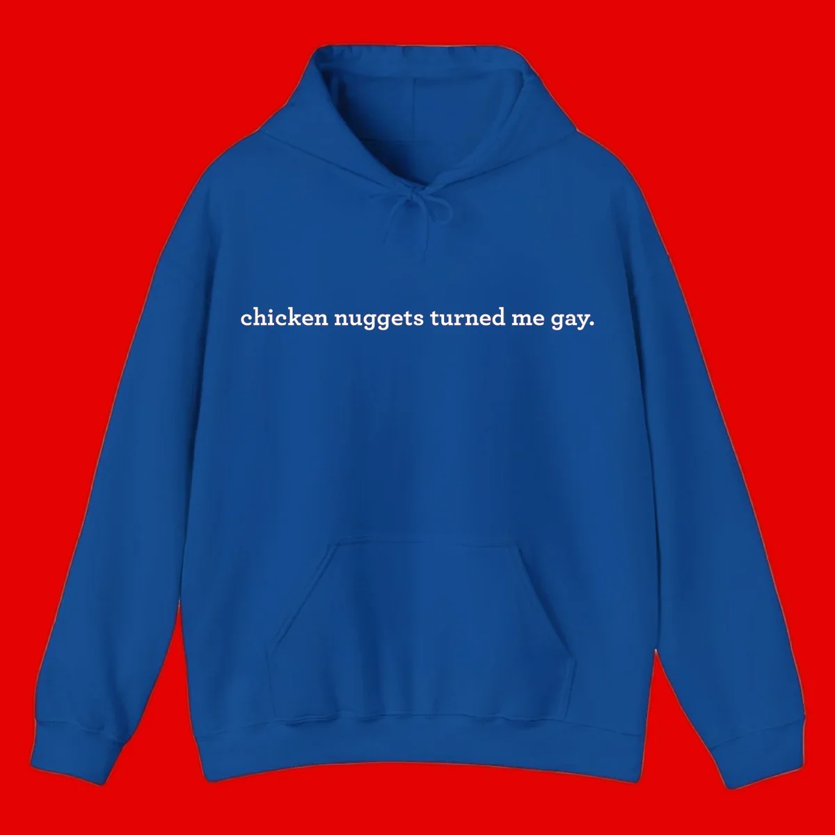 White text reading 'chicken nuggets turned me gay' on gray background - humorous pride design