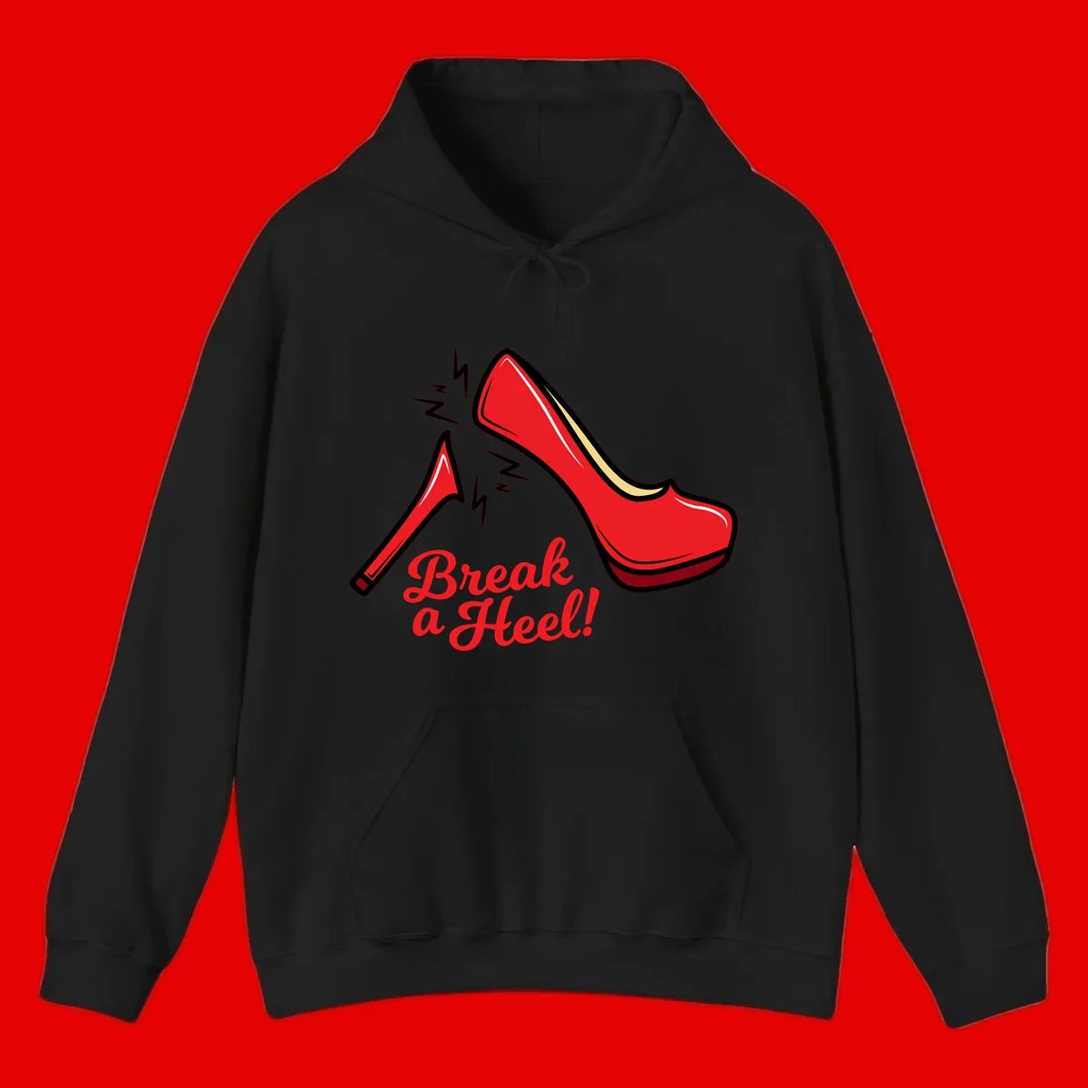 Illustration of red high heel shoes with lightning bolts and 'Break a Heel!' text - break-a-heel-fashion design