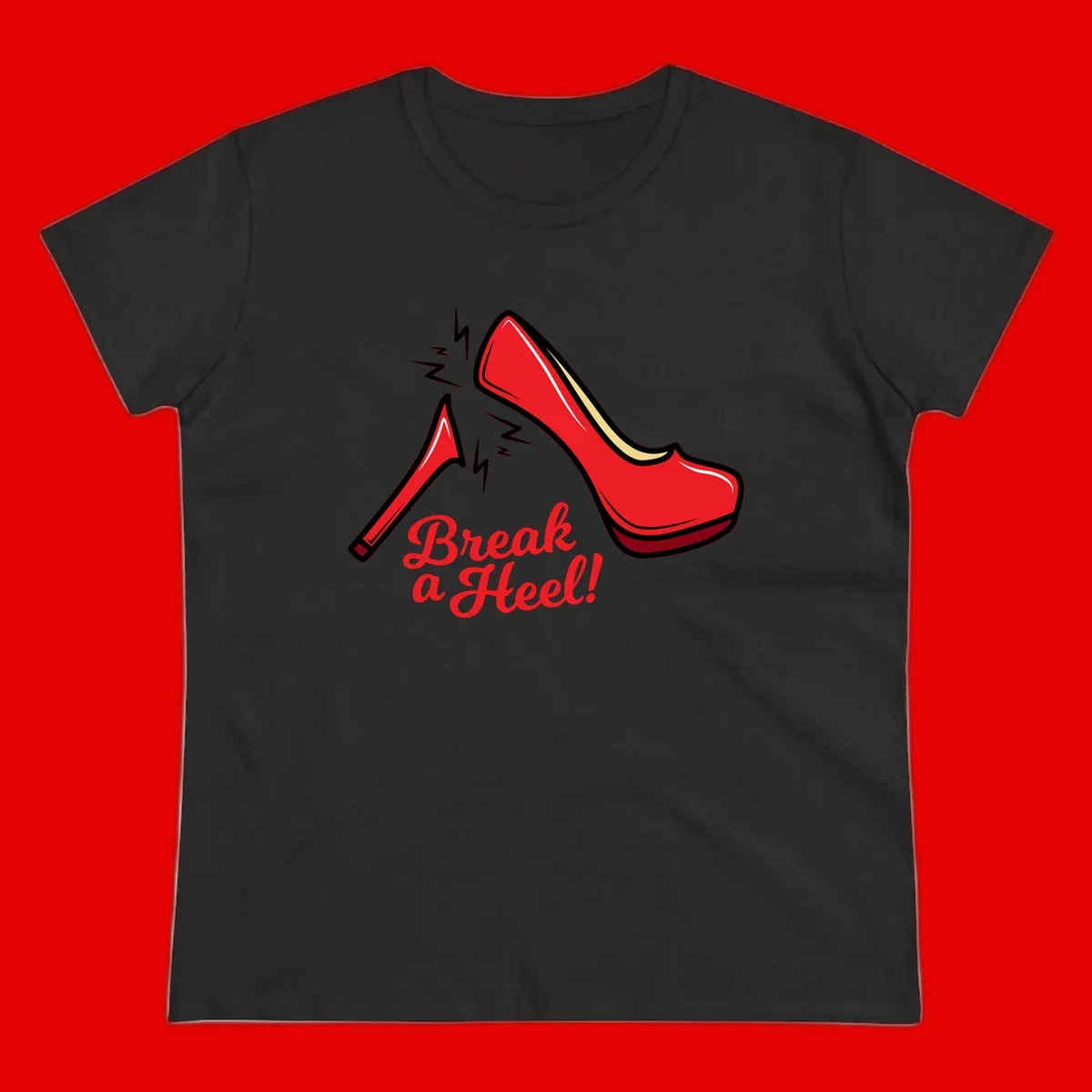 Illustration of red high heel shoes with lightning bolts and 'Break a Heel!' text - break-a-heel-fashion design