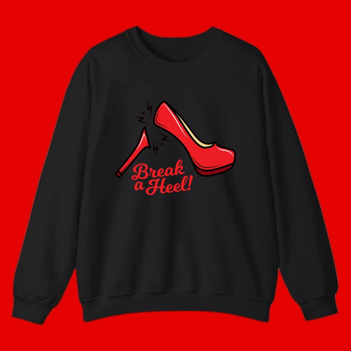 Illustration of red high heel shoes with lightning bolts and 'Break a Heel!' text - break-a-heel-fashion design